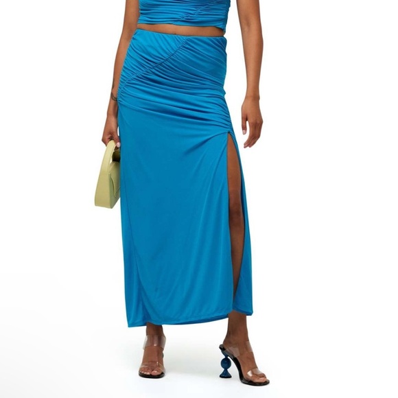NWT Simon Miller Swizzy Slit Ruched Gathered Taffy Blue Midi Skirt size small - Picture 4 of 10